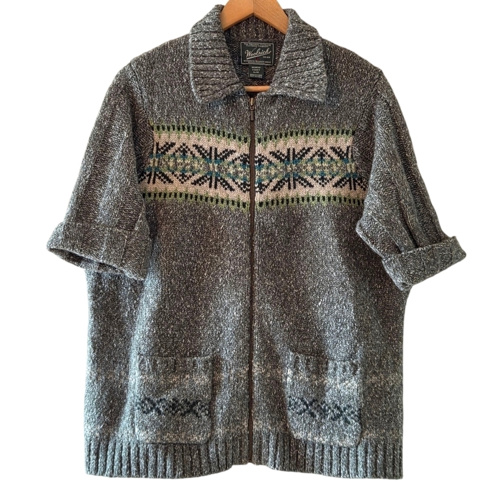 Woolrich Vintage Wool Blend Full Zip Cardigan Spruce Nordic Elbow Sleeve Large